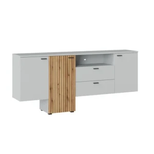 TV regal VIVIJA 5 . TV regal VIVIJA 4 v barvni kombinaciji hrasta in sive bo vašemu prostoru dodal toplino in eleganco. Izdelan je iz kakovostne iverne