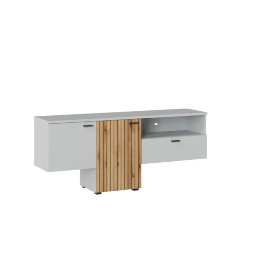 TV regal VIVIJA . TV regal VIVIJA v sivi barvi s kombinacijo barve hrast, je izdelan iz visokokakovostne iverne plošče (debeline 16 mm in 22 mm), MDF-ja, in