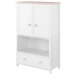 Visoka komoda LINA . Visoka komoda LINA je eleganten predalnik z dvema vratama, polico za knjige ter prostoren in lahko dostopen predal. Zlije se v vsak