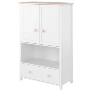 Visoka komoda LINA . Visoka komoda LINA je eleganten predalnik z dvema vratama, polico za knjige ter prostoren in lahko dostopen predal. Zlije se v vsak