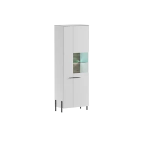 Visoka vitrina JUSTINA . Vitrina JUSTINA je narejena iz kvalitetne laminirane plošče, 16 mm debeline in ABS robovi. Stranice so v beli mat barvi, fronte pa v