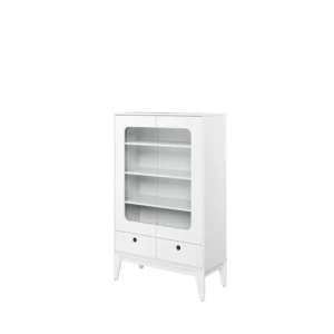 Vitrina FAMA . Vitrina FAMA je narejena iz kvalitetne laminirane plošče s ABS robovi. Dobavljiva je v beli mat barvi s črnimi ročkami. Odlično se lahko