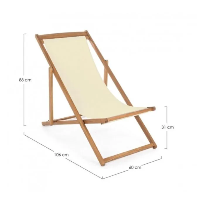 Vrtni ležalnik NOEMI ECRU' . Vrtni ležalnik NOEMI ECRU' je narejen iz lesa z oljnim premazom. Ima poliestrsko tkanino. Dimenzije: širina: 60cm globina: