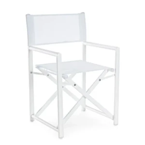 Vrtni stol TAYLOR BEL . Vrtni stol TAYLOR bele barve. Stol ima aluminijasto konstrukcijo, okovje pa iz jekla. Sedež in naslon za hrbet sta iz tekstila. Stol