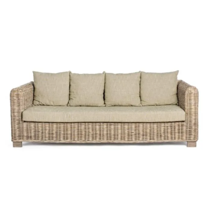 Vrtni trosed FORTALEZA . Vrtni trosed FORTALEZA je narejen iz ratana in lesenega okvirja. Blazine imajo snemljivo prevleko (55% bombaž, 45% poliester), kar