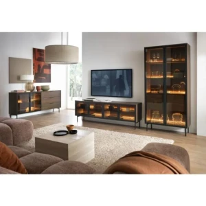 Dnevni regal LUMPI je sestavljen iz kar treh prostornih elementov: visoke vitrine z led osvetljavo, komode z led ter TV regala z led. Visoka vitrina LUMPI ni