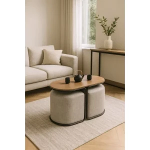 Moderna klubska mizica REKSI z dvemi tabureji, narejen je iz kovine in laminirane mizne plošče, tabureji so iz tkanine. Klubska mizica Reksi z dvemi tabureji