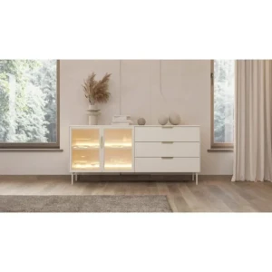 Komoda LUMPI 2 kašmir ni le osupljiva temveč tudi praktična. Elegantna barva naredi kolekcijo brezčasno in elegantno. Steklo na frontah daje pohištvu