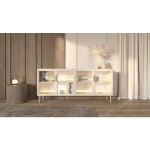 Komoda LUMPI kašmir ni le osupljiva temveč tudi praktična. Elegantna barva naredi kolekcijo brezčasno in elegantno. Steklo na frontah daje pohištvu