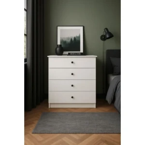 Predalnik SNEŽINKA s štirimi predali je praktičen in univerzalen. Združuje sodoben slog s funkcionalnostjo. Svetla barva z ročaji doda čar in daje