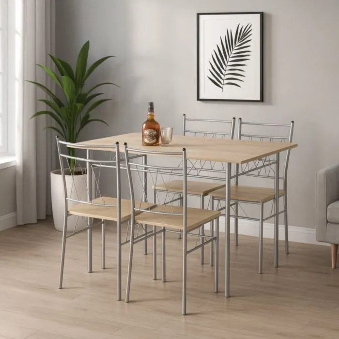 Kuhinjska garnitura LETICIA 1 (4+1) Kuhinjska garnitura FALSET je komplet za jedilnico, sestavljen iz mize in štirih stolov. Pohištvo je narejeno iz kvalitetnih materialov. Miza je narejena iz