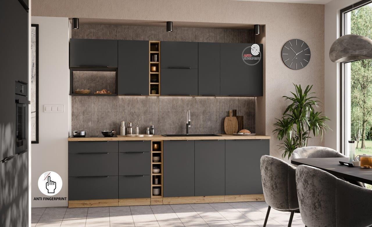 Kuhinjski blok ARIANA 255 cm je elegantna kuhinja v več barvnih kombinacij. Kuhinja je izdelana iz oplemenitenih ivernih plošč debeline 16 mm, prevlečenih