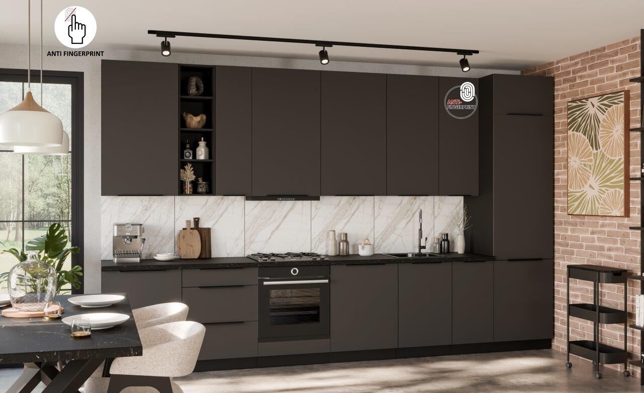 Kuhinjski blok ARIANA 390 cm je elegantna kuhinja v več barvnih kombinacij. Kuhinja je izdelana iz oplemenitenih ivernih plošč debeline 16 mm, prevlečenih