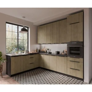 Kuhinjski blok MONIKA 210x290 cm je elegantna kuhinja v kombinaciji hrasta in črne barve. Kuhinja je izdelana iz oplemenitenih ivernih plošč debeline 16 mm,