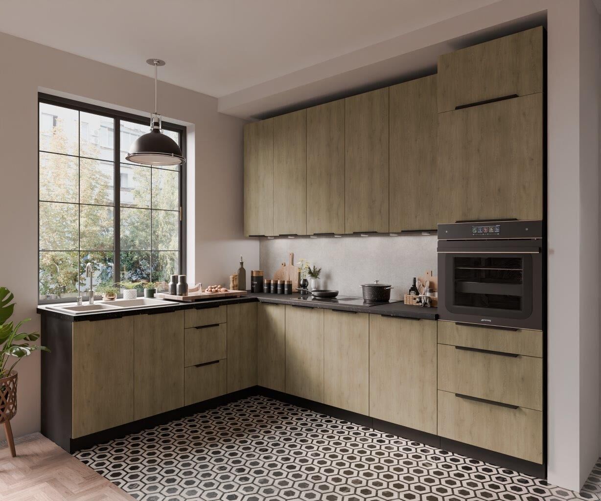 Kuhinjski blok MONIKA 210x290 cm je elegantna kuhinja v kombinaciji hrasta in črne barve. Kuhinja je izdelana iz oplemenitenih ivernih plošč debeline 16 mm,