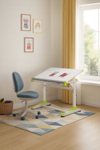 Pisarniška miza LORI je primerna za vse otroške, mladinske sobe. Miza ima nastavljivo višino in nastavljivi kot delovne površine. Ima tudi majhno površino