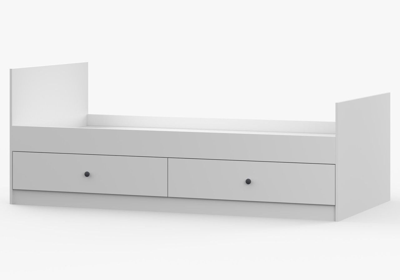 Postelja SNEŽINKA združuje sodoben slog s funkcionalnostjo. Pod posteljo ima dva praktična predale za shranjevanje. Svetla barva z ročaji doda čar in daje