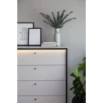 Predalnik GRIZLIN je dvostranski kos pohištva. Lahko jo uporabljate kot komodo ali pa kot predalnik, saj ima kar štiri predale. Zasnovana je kot dodatek za v