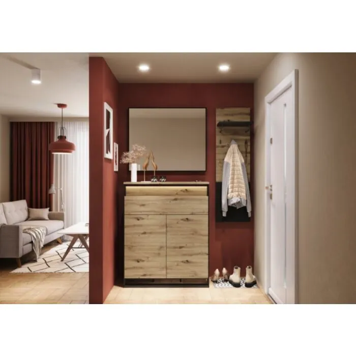 Predsoba KVIN 3 Predsoba KVIN 3 je sestavljena iz kar treh kosov pohištva. Sestavljena je iz prostorne komode, obešalnika ter ogledala. Komoda KVIN je elegantna in uporabna.