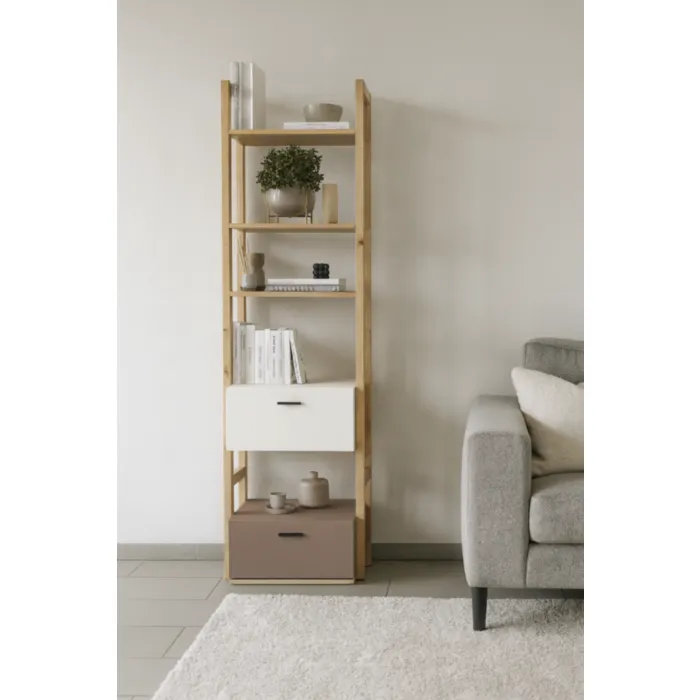 Regal LENI 2 Regal LENI 2 z kar petimi policami in dvemi predali je praktičen in univerzalen. Združuje sodoben slog s funkcionalnostjo. Svetla barva doda čar in daje