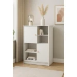 Regal SNEŽINKA z kar osmimi predali je praktičen in univerzalen. Združuje sodoben slog s funkcionalnostjo. Svetla barva z ročaji doda čar in daje ceolotni