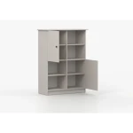 Regal SNEŽINKA z kar osmimi predali je praktičen in univerzalen. Združuje sodoben slog s funkcionalnostjo. Svetla barva z ročaji doda čar in daje ceolotni