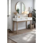 Toaletna mizica 3C FOLIUM je narejen iz laminirane plošče in ima kovinske ročaje v obliki cveta v zlati barvi. Zaradi svoje oblike in visokokakovostnih