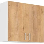 Zgornja omara ARA 80G je sestavljena iz fronte in korpusa iz MDF plošče, debeline 16 mm. Robovi so iz melamina. Na voljo je v barvi sonome in hrasta. Ročaji