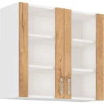 Zgornja omara ARA 80G ST je sestavljena iz fronte in korpusa iz MDF plošče, debeline 16 mm. Robovi so iz melamina. Na voljo je v barvi sonome in hrasta.