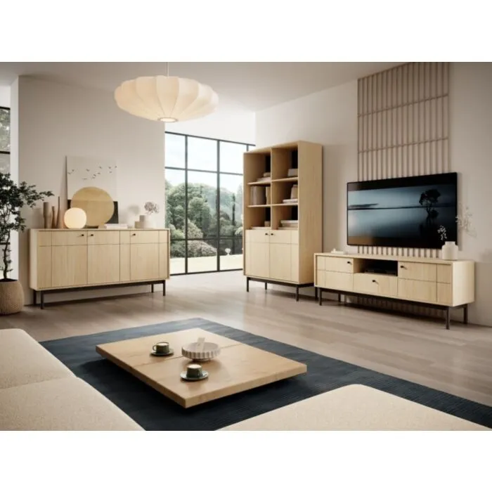 Dnevni regal JAPONI hrast je elegantna in preprosta izbira za vaš dom. Sestavljen je iz kar treh velikih in prostornih kosov pohištva: TV omarica, komoda in