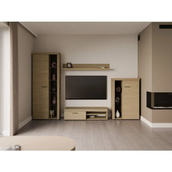 Dnevni regal RUBA svetli hrast je moderno oblikovan in elegantnega videza. Dnevni regal je izdelan v EU. Narejen je iz kakovostne laminirane plošče v svetli