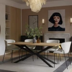 Jedilna miza TIMPLI je elegantna in kakovostna. Odlično se poda v vsak dnevni prostor in jedilnico. Ima kakovostno mizno ploščo debeline 28 mm. Za dodatno