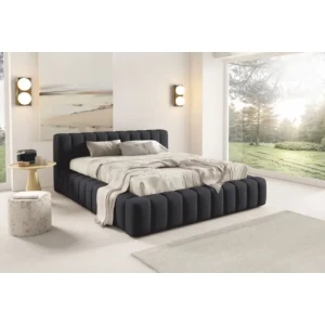 Oblazinjena postelja GAVA z nizkim vzglavjem je elegantna in sodobna. Postelja je opremljena z dvižnim lesenim podom s posodo za shranjevanje posteljnine, ki