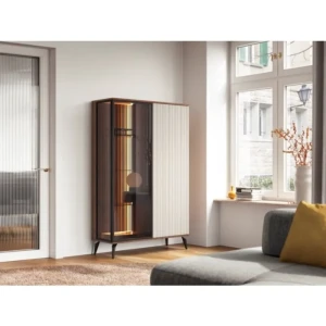 Vitrina VILMA je sodobna in elegantna. Narejena je iz kakovostnega MDF-ja in visokokakovostnega stekla. Zaradi svoje oblike in visokokakovostnih materialov je