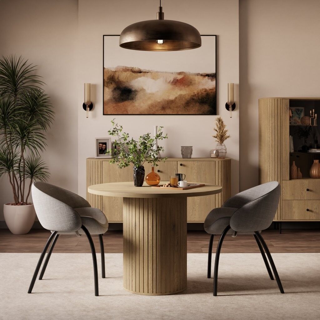 Raztegljiva jedilna miza OVARI Raztegljive jedilna miza OVARI Fi 100 je elegantna in funkcionalna. Mizo se lahko raztegne iz dimenzija Fi 100 cm v dimenzijo 188 cm. Narejena je iz laminirane
