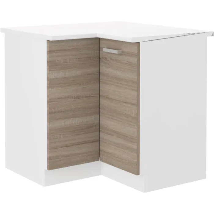 Spodnji kotni kuhinjski element META 89 x 89 je narejen iz kvalitetne laminirane plošče. Dobavljiv je v sonoma / beli barvi. Korpusi so iz laminirane
