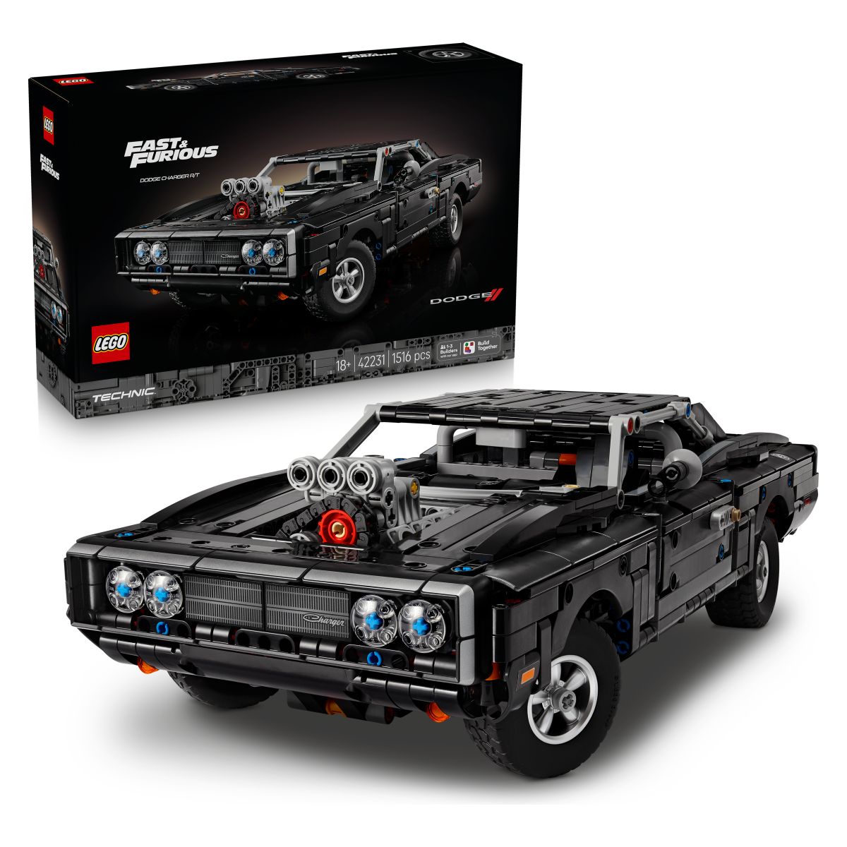 Razplamti duh dirkaških legend z modelom LEGO&reg; Technic Fast and Furious Avtomobil Dodge Charger R/T (42231) za odrasle.