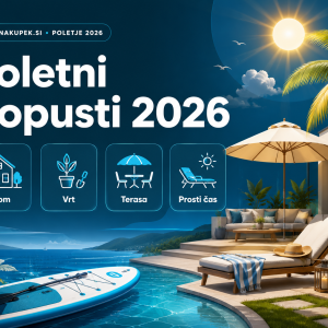 Poletni popusti 2026 na Meganakupek.si za dom, vrt, teraso in prosti čas ob bazenu, ležalniku, palmi in SUP deski.