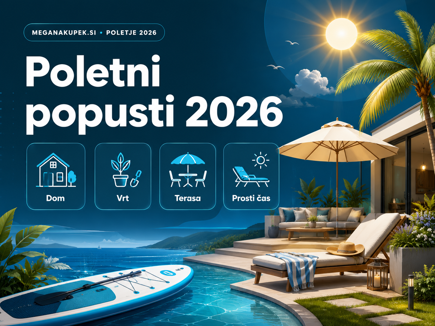 Poletni popusti 2026 na Meganakupek.si za dom, vrt, teraso in prosti čas ob bazenu, ležalniku, palmi in SUP deski.