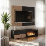 Dnevni regal KANSAS 2 je prefinjenega videza. Regal ima stenski panel z elegantnim videzom, v kombinaciji črnega marmorja ter lamel v hrast barvi. Tv omarica