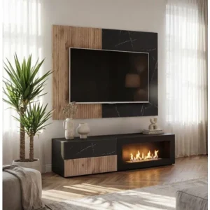 Dnevni regal KANSAS 2 je prefinjenega videza. Regal ima stenski panel z elegantnim videzom, v kombinaciji črnega marmorja ter lamel v hrast barvi. Tv omarica