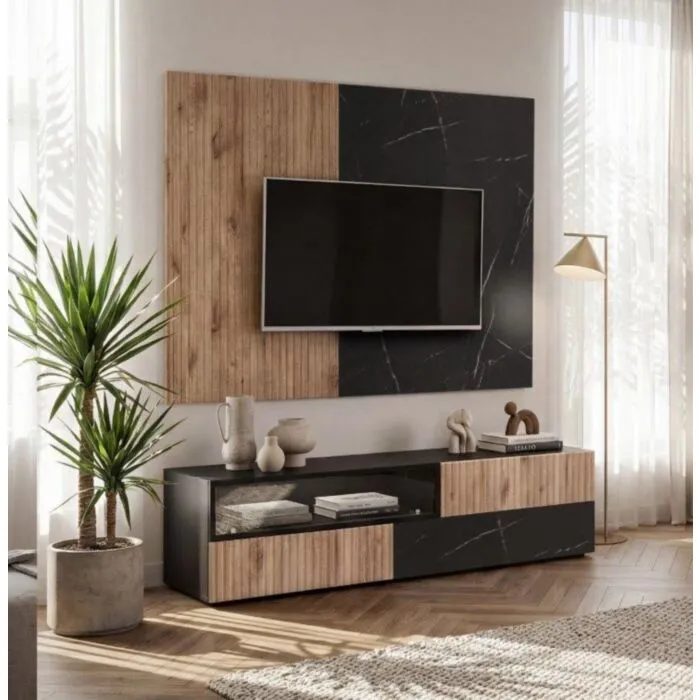 Dnevni regal KANSAS Dnevni regal KANSAS je prefinjenega videza. Regal ima stenski panel z elegantnim videzom, v kombinaciji črnega marmorja ter lamel v hrast barvi. Tv omarica
