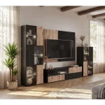Dnevni regal KARAMELA je prefinjenega videza. Regal ima stenski panel z elegantnim videzom, v kombinaciji črnega marmorja ter lamel v hrast barvi. Tv omarica
