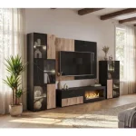 Dnevni regal KARAMELA 2 je prefinjenega videza. Regal ima stenski panel z elegantnim videzom, v kombinaciji črnega marmorja ter lamel v hrast barvi. Tv