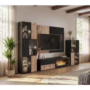 Dnevni regal KARAMELA 2 je prefinjenega videza. Regal ima stenski panel z elegantnim videzom, v kombinaciji črnega marmorja ter lamel v hrast barvi. Tv