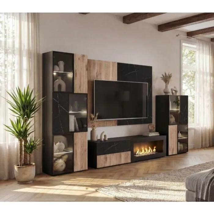 Dnevni regal KARAMELA 2 Dnevni regal KARAMELA 2 je prefinjenega videza. Regal ima stenski panel z elegantnim videzom, v kombinaciji črnega marmorja ter lamel v hrast barvi. Tv