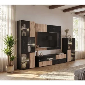 Dnevni regal KARAMELA je prefinjenega videza. Regal ima stenski panel z elegantnim videzom, v kombinaciji črnega marmorja ter lamel v hrast barvi. Tv omarica