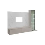 Dnevni regal LUMINA 2 je prefinjenega videza. Regal ima stenski panel z elegantnim videzom belega marmorja. Tv omarica ima dva prostora za shranjevanje.