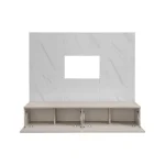 Dnevni regal LUMINA je prefinjenega videza. Regal ima stenski panel z elegantnim videzom belega marmorja. Tv omarica ima dva prostora za shranjevanje. Omarica