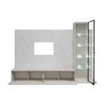 Dnevni regal LUMINA 2 je prefinjenega videza. Regal ima stenski panel z elegantnim videzom belega marmorja. Tv omarica ima dva prostora za shranjevanje.
